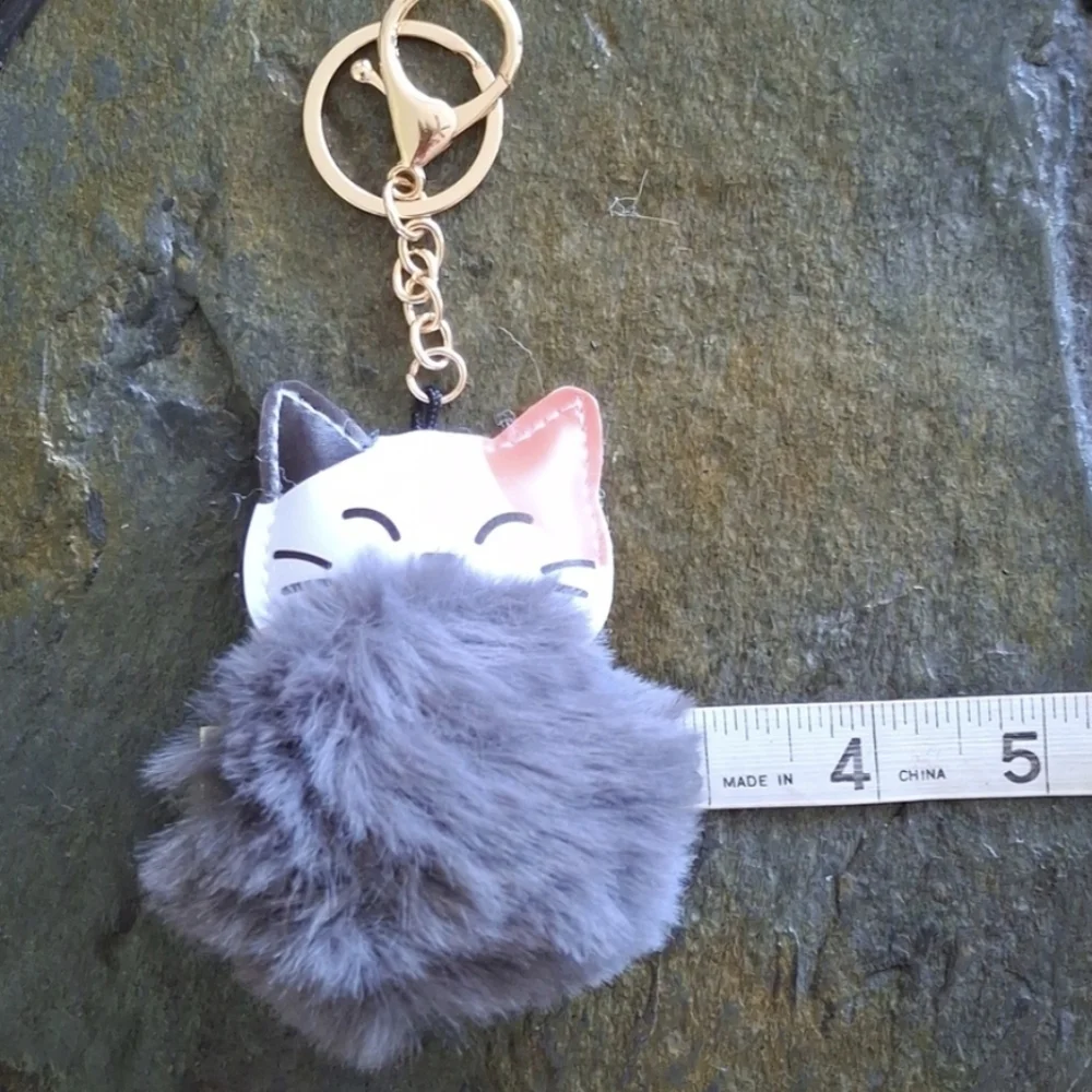 Cute Cat Keychain with Pink Pom Pom